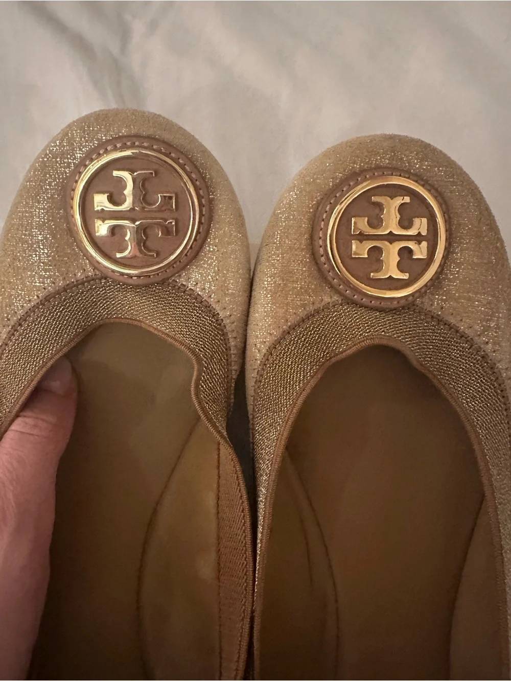 Tory Burch Glittery Gold Logo Round-Toe Ballet Flats